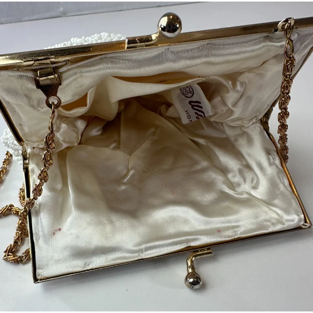 Vintage Walborg Mini Beaded Satin Clamshell Gatsby Purse Gold Color Chain Strap - Picture 9 of 13